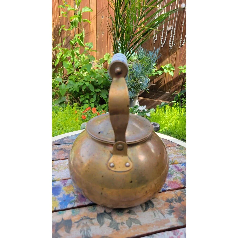 Copper Tea Kettle with Delft-Style Porcelain Handle - Farmhouse Kitchen Decor